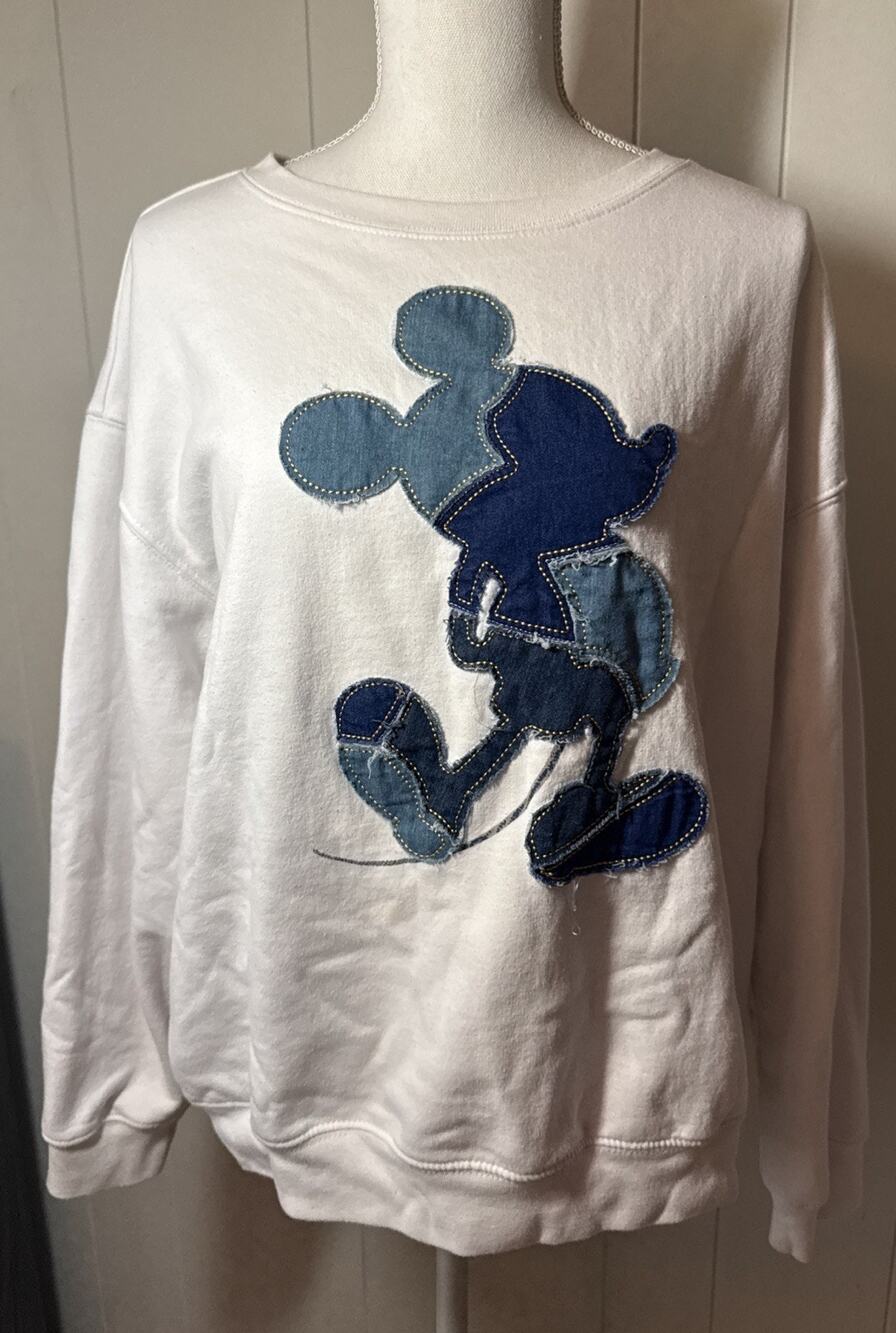 Disney Mickey Mouse White Crewneck With Blue Denim Mickey Design 2XL PP